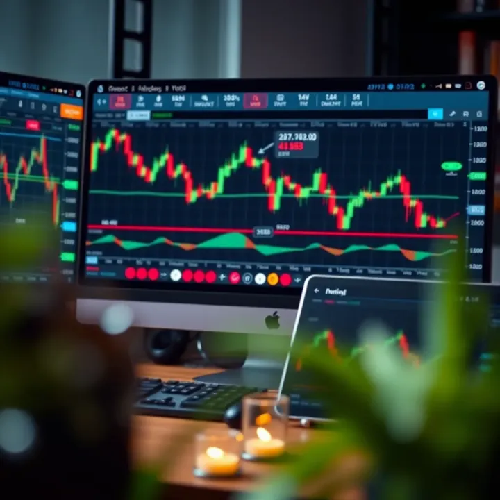 Desktop setup displaying forex trading platform with charts and indicators