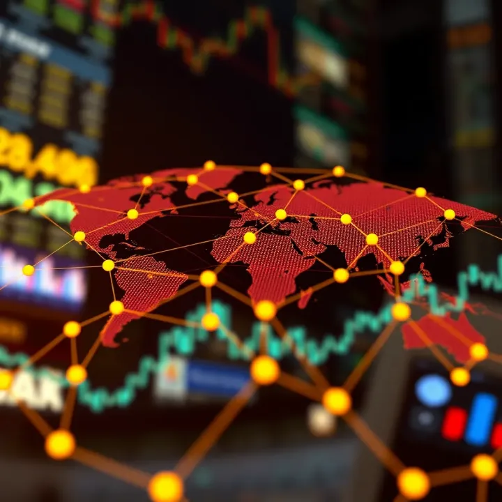 Illustration of global currency symbols connected by lines illustrating forex network and international trading