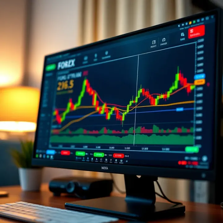 A computer screen displaying a forex trading platform with charts and currency pairs