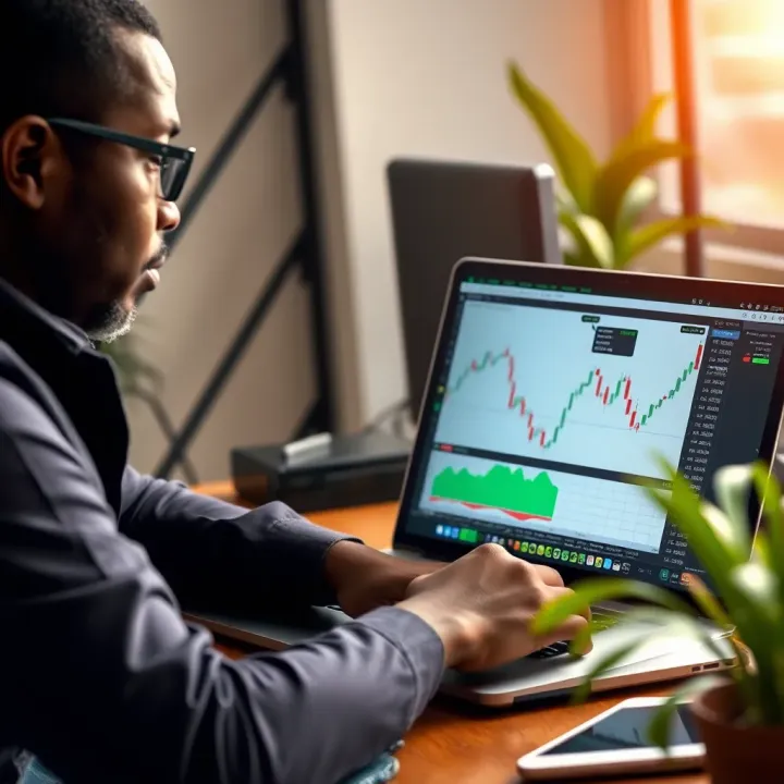 Illustration of a Kenyan trader analyzing forex charts on a laptop