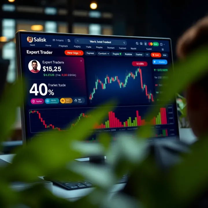 User interface of a copy trading platform showcasing expert trader profiles and performance metrics