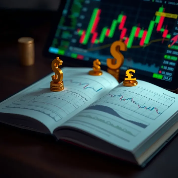Open forex trading book with charts and currency symbols representing trading strategies