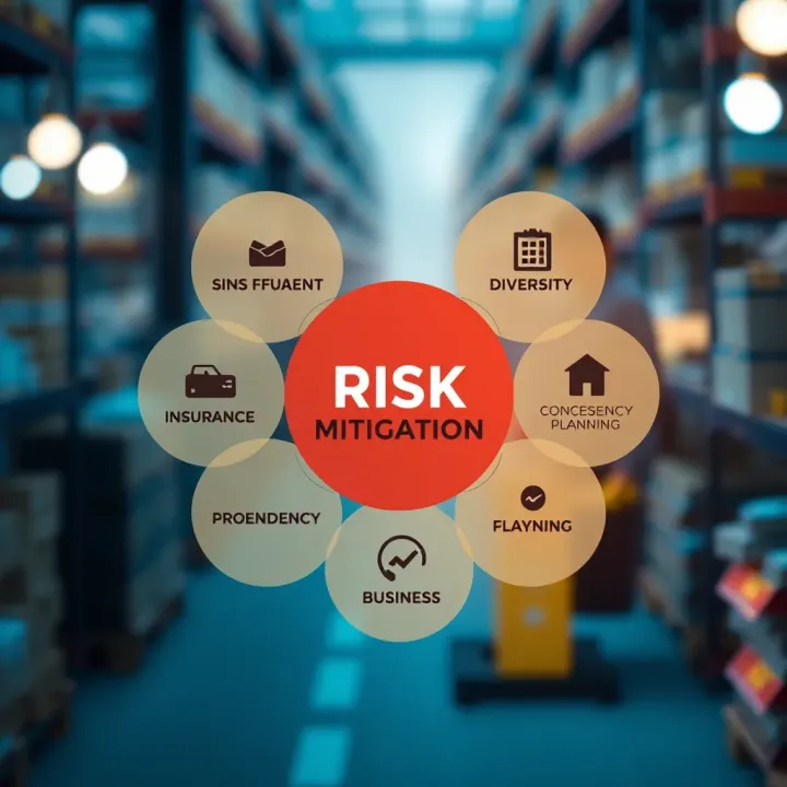 Diagram showing tools like insurance, diversification, and contingency planning protecting a business from potential losses