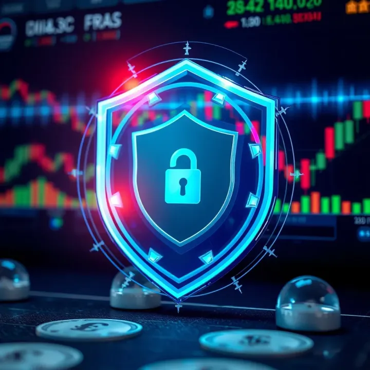 Abstract representation of secure digital trading with shield symbol and currency icons