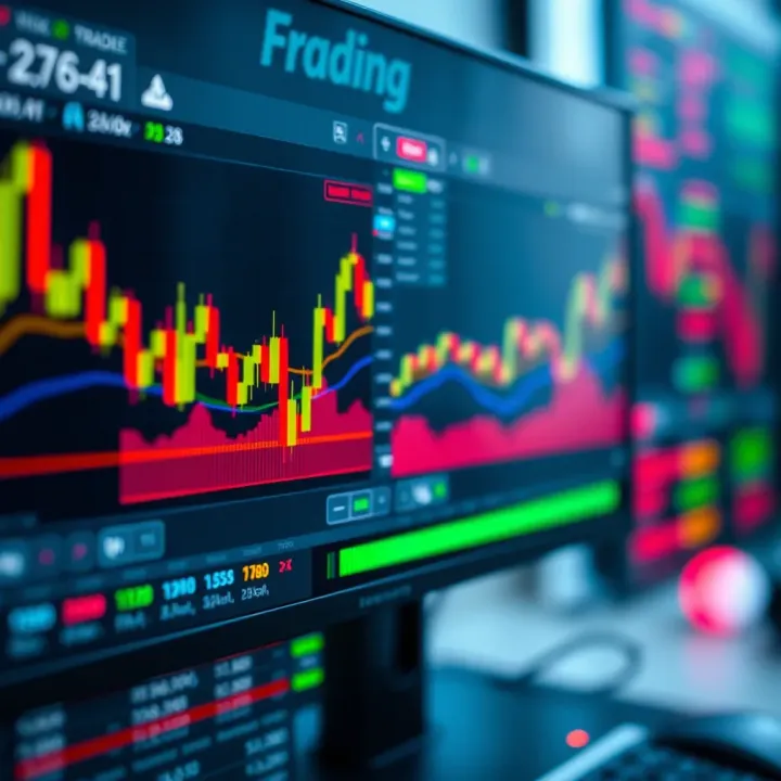 Close-up of a computer screen displaying forex trading charts and risk management tools