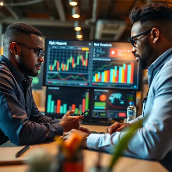 Analyzing Business Data for Risk Assessment Business team analyzing charts and data on a digital dashboard to evaluate potential risks