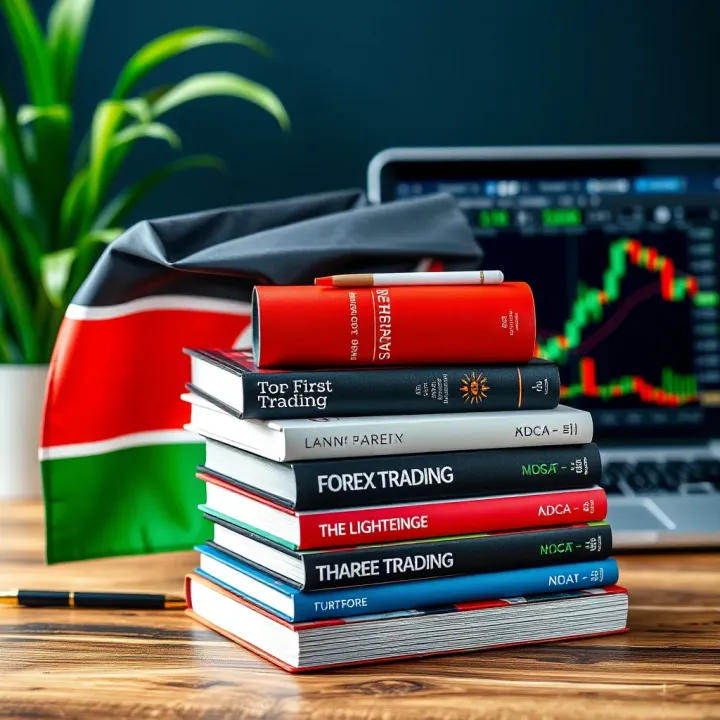 Stack of forex trading books with a Kenyan flag and a laptop showing trading graphs