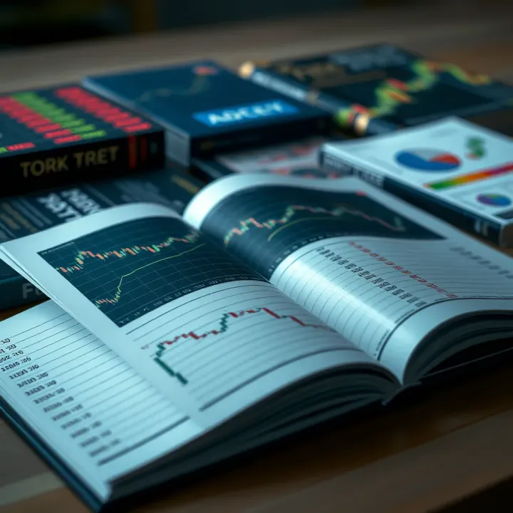 Open book with forex charts and financial graphs on pages
