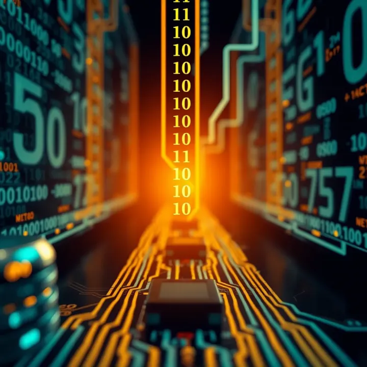 Digital representation of binary code flowing through circuits symbolizing data conversion