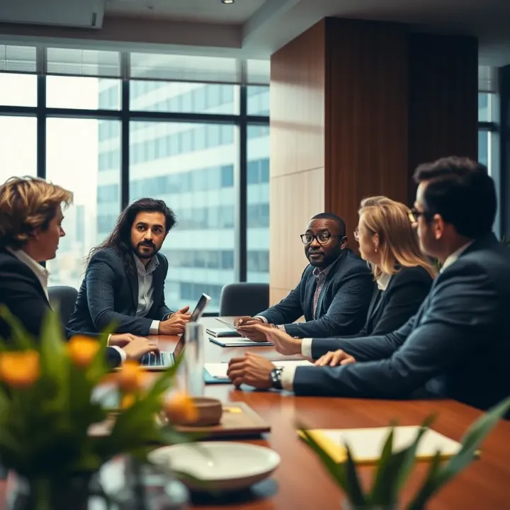 Corporate boardroom with diverse professionals discussing risk control strategies for business stability