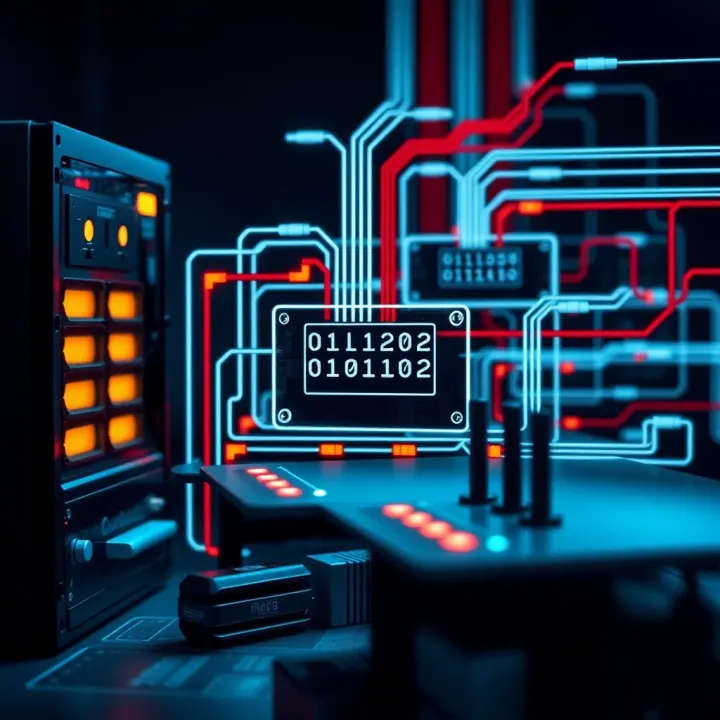 Visual representation of binary data flow through computing components including storage and processing units