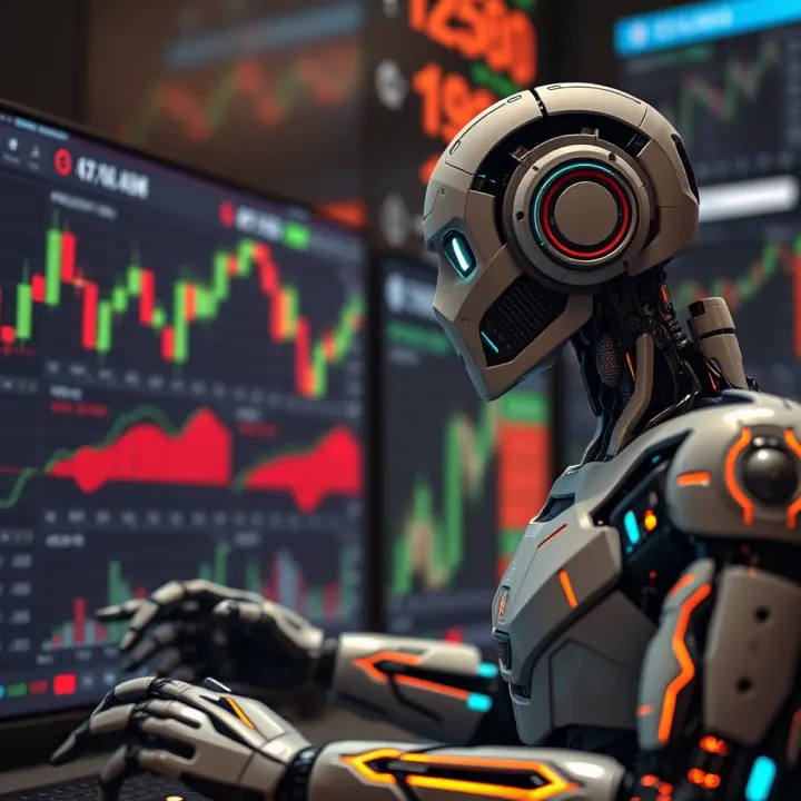 Illustration of an automated trading robot analyzing financial charts and data displays