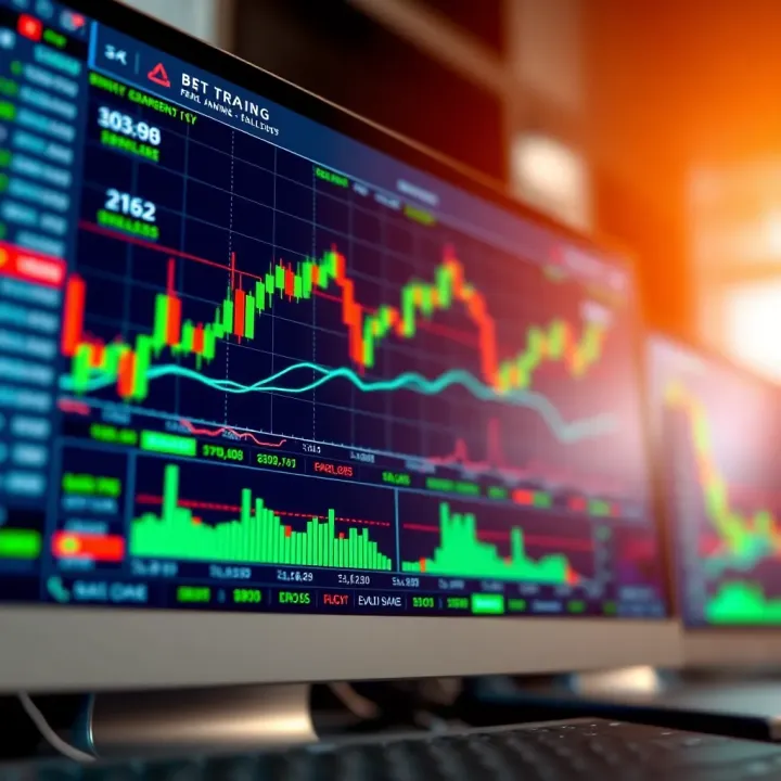 Digital interface showing binary options trading charts and data on a computer screen