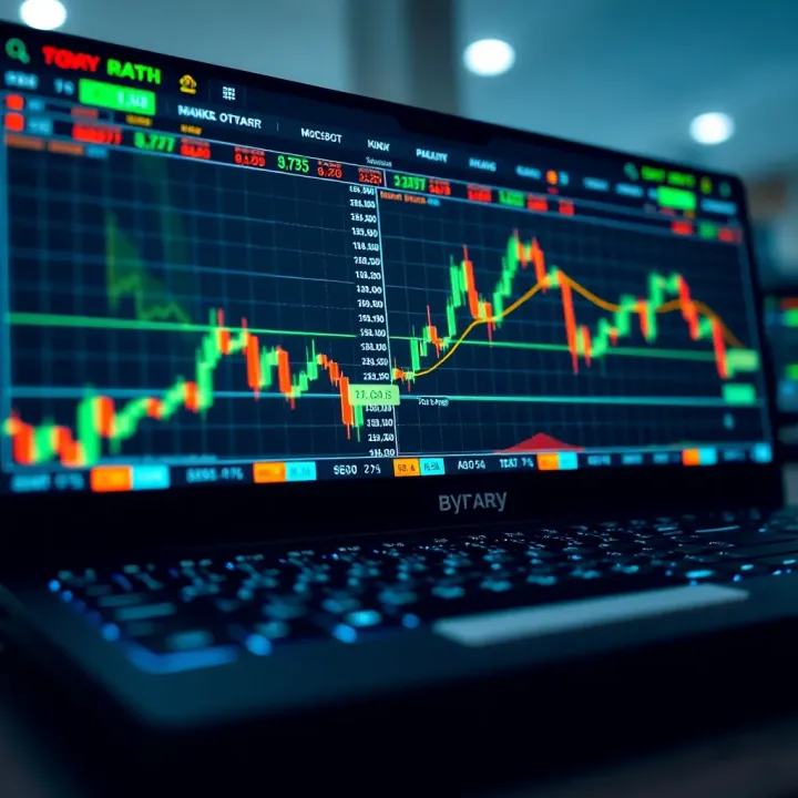 Illustration of a digital trading platform interface showing binary options and market charts