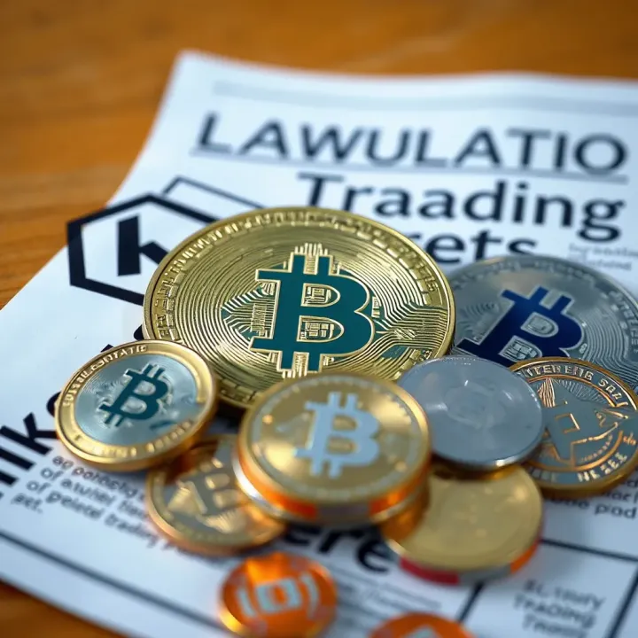 Illustration of digital currencies surrounded by legal documents and regulatory symbols