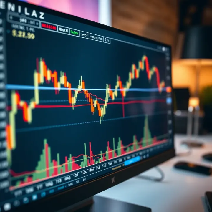 Graph showing currency price fluctuations with trading indicators and candlestick chart on a computer screen
