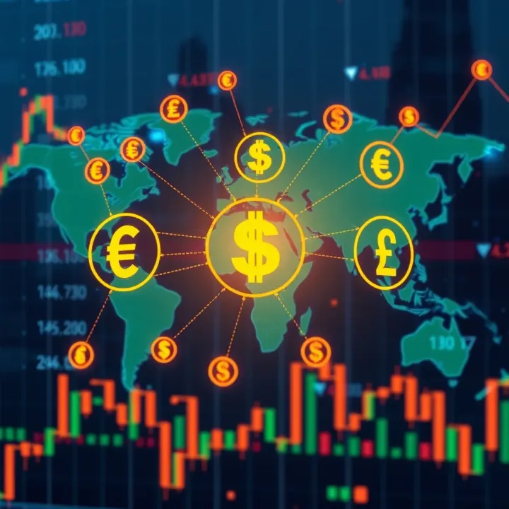 Global currency exchange symbols interconnected over a digital world map representing forex market activity