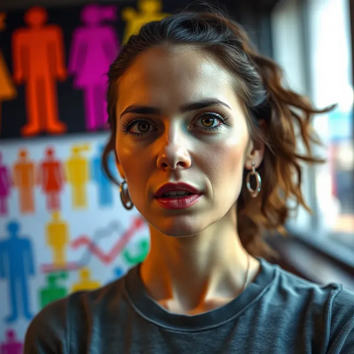 Person expressing non-binary identity with colorful gender spectrum symbols in the background reflecting diverse expressions
