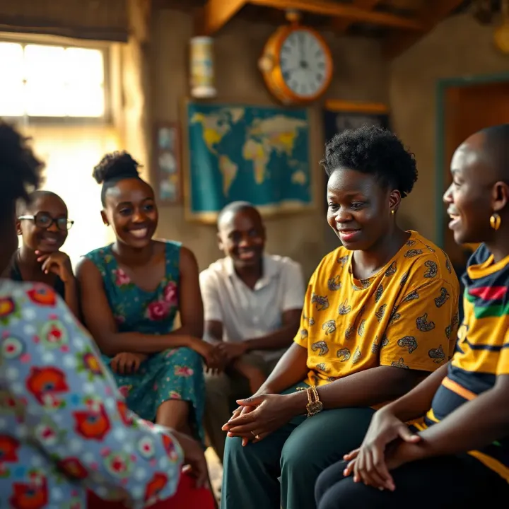 A diverse group engaging in a dialogue about gender identity and expression in a Kenyan community setting