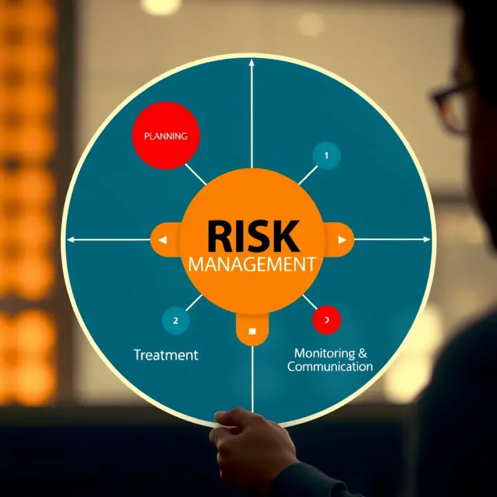 Diagram illustrating key stages of risk management including planning, identification, analysis, treatment, monitoring, and communication