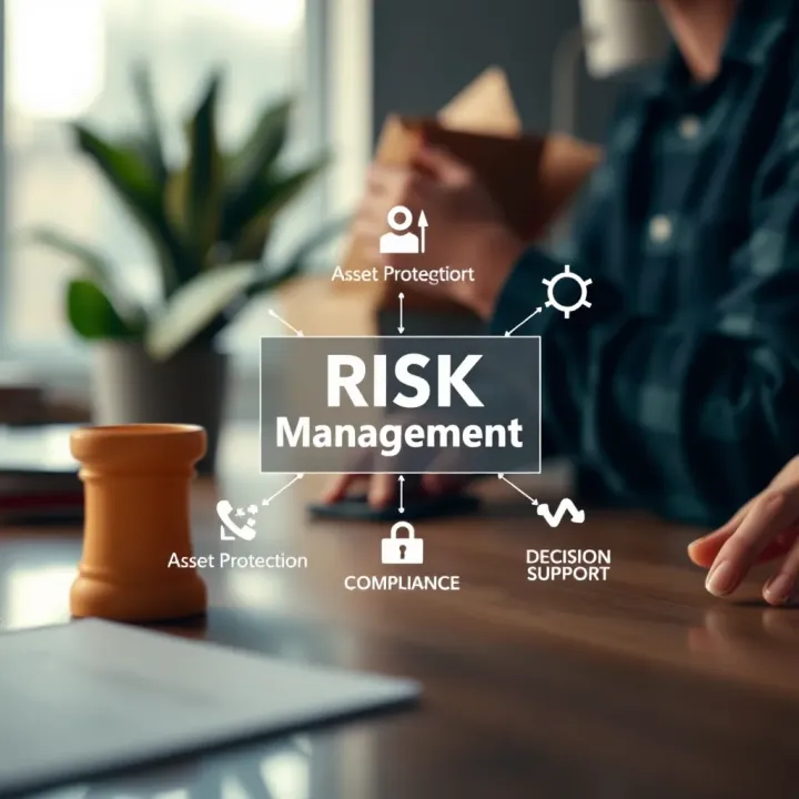Diagram illustrating risk management objectives including asset protection, compliance, and decision support in a business environment